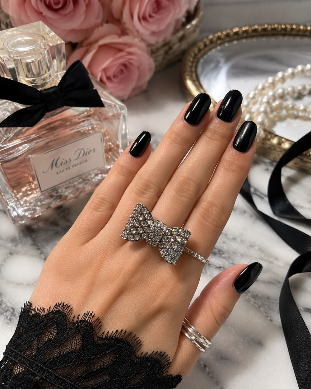 Rhinestone Bow Ring Silver Tone Cocktail Statement Ring Size 6 Gothic Glam Bling